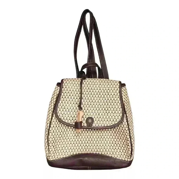 Etienne Aigner Vintage Woven Jute Leather Backpack - Stylish Retro Fashion - Picture 1 of 8